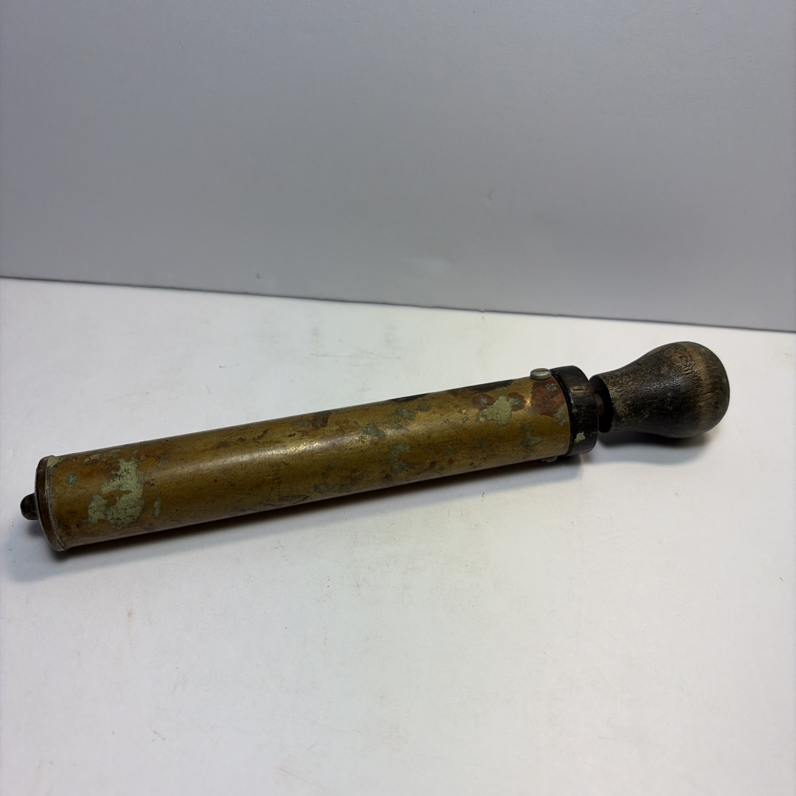 Vintage Small Brass Air Hand Pump w/ Wooden Handle Plunger Style