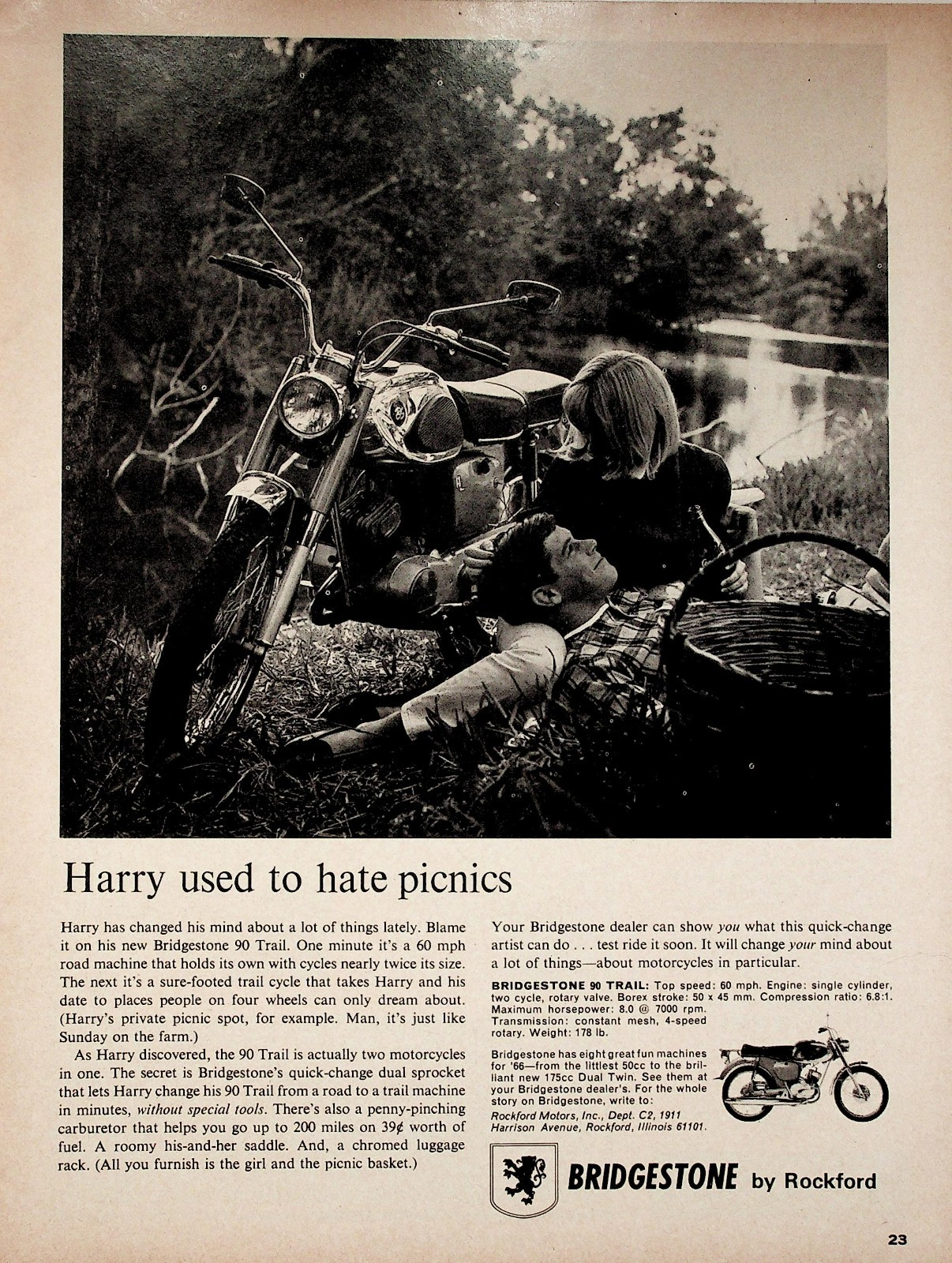 1966 Bridgestone 90 Trail Vintage Motorcycle Print Ad