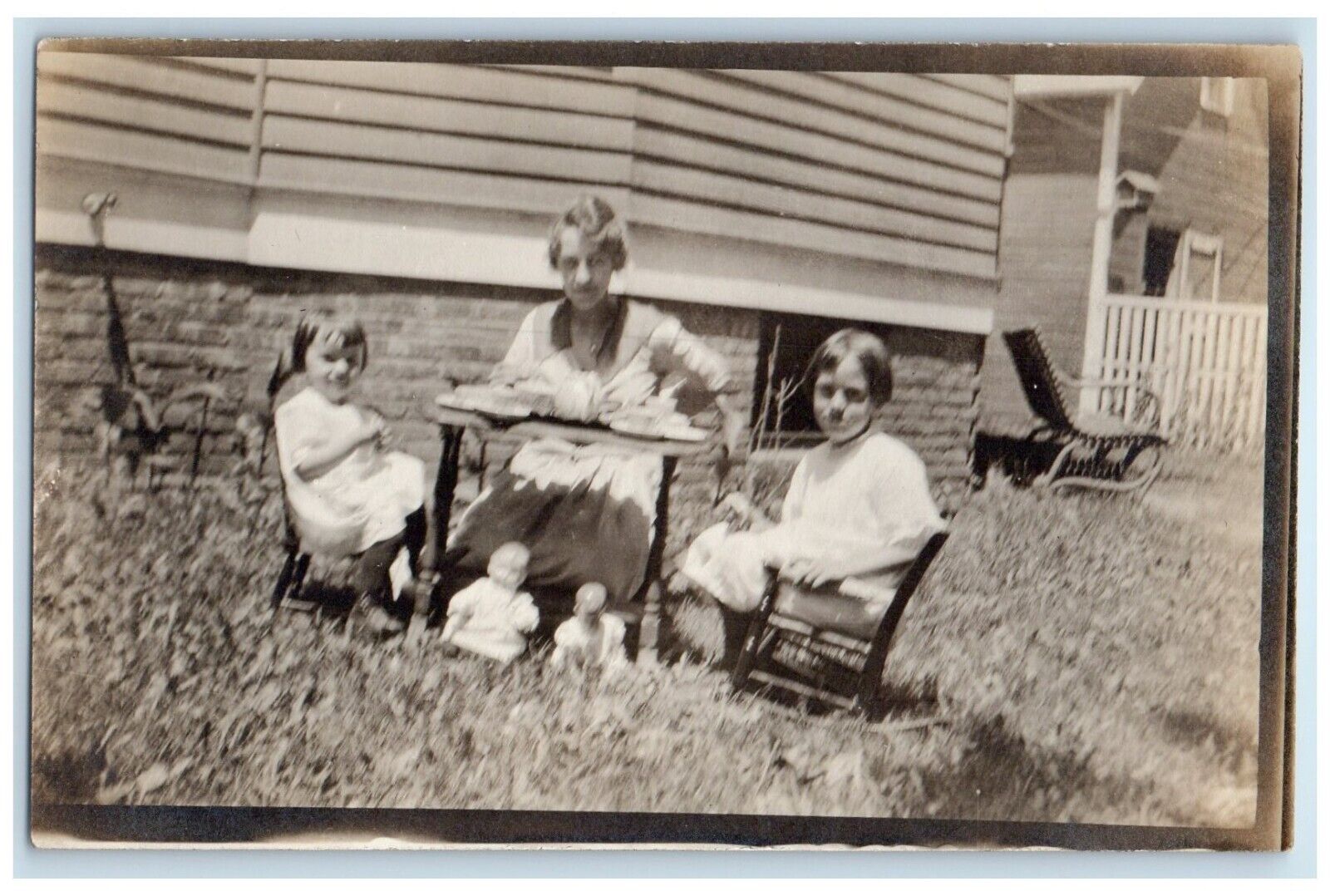 c1910's Children Playing Tea Time With Dolls RPPC Photo Antique Postcard