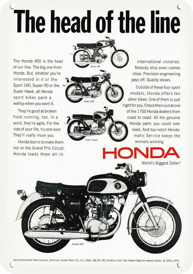 1966 HONDA 450 & Super Hawk & Sport 160 Motorcycle DECORATIVE REPLICA METAL SIGN 1966 HONDA 450 & Super Hawk & Sport 160 Motorcycle DECORATIVE REPLICA METAL SIGN