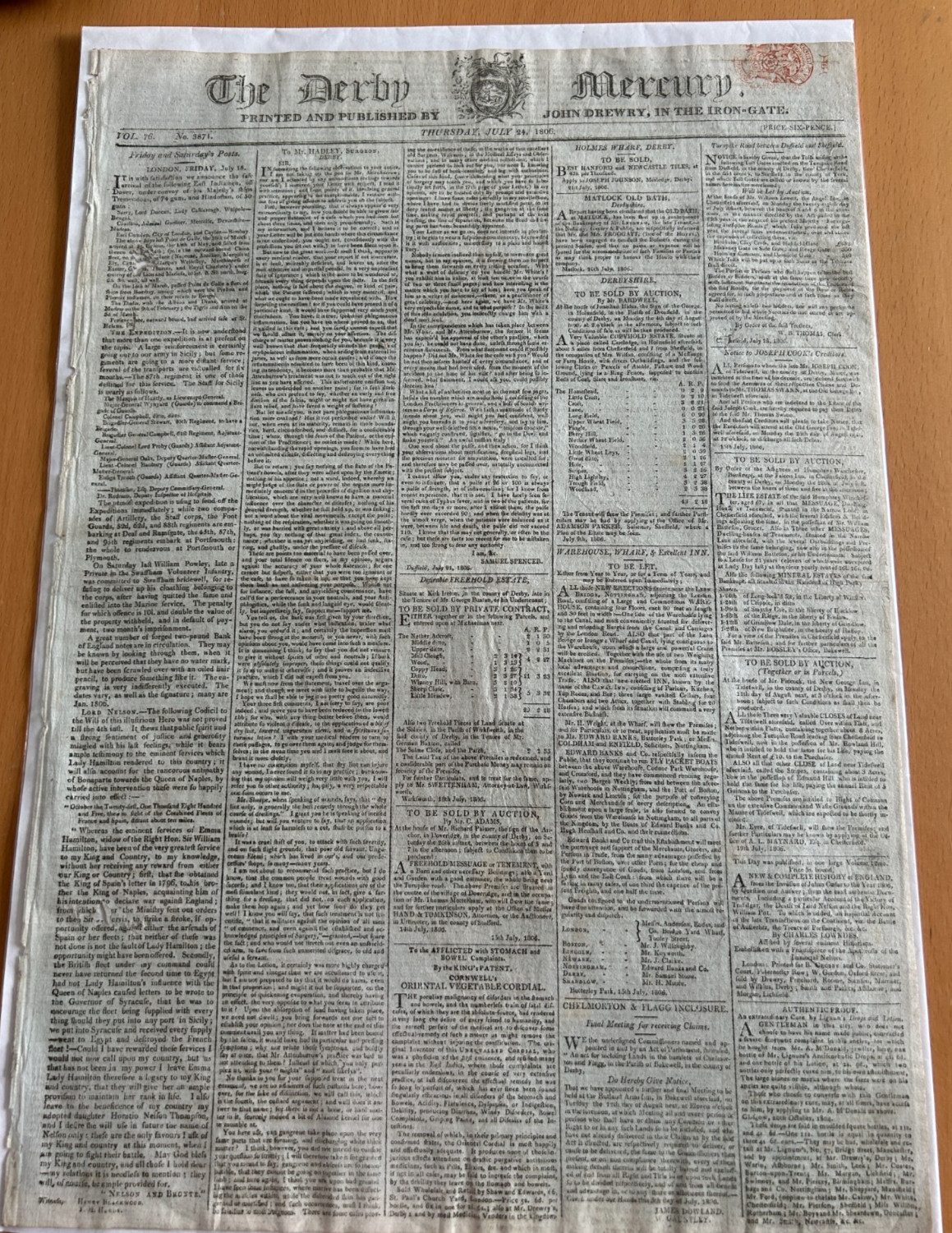 1806 The Derby Mercury Newspaper Lord Nelson Trafalgar Battle Lady Hamilton Rare