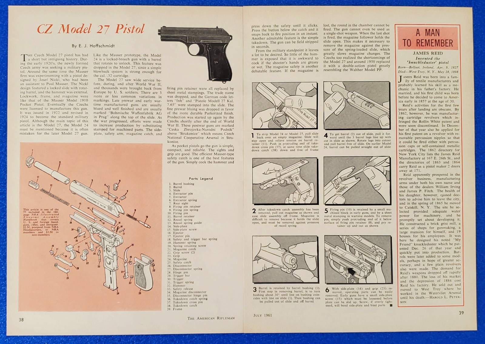 1961 CZECH MODEL 27 PISTOL ILLUSTRATED PARTS BREAKDOWN 2pg GUN ARTICLE PRINT AD