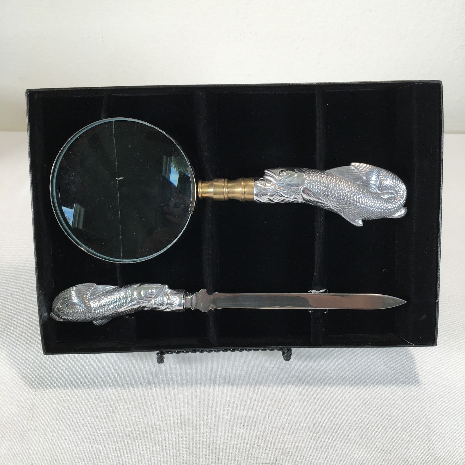 Vtg Arthur Court Fish Desk Set Magnifying Glass & Letter Opener NOS Boxed
