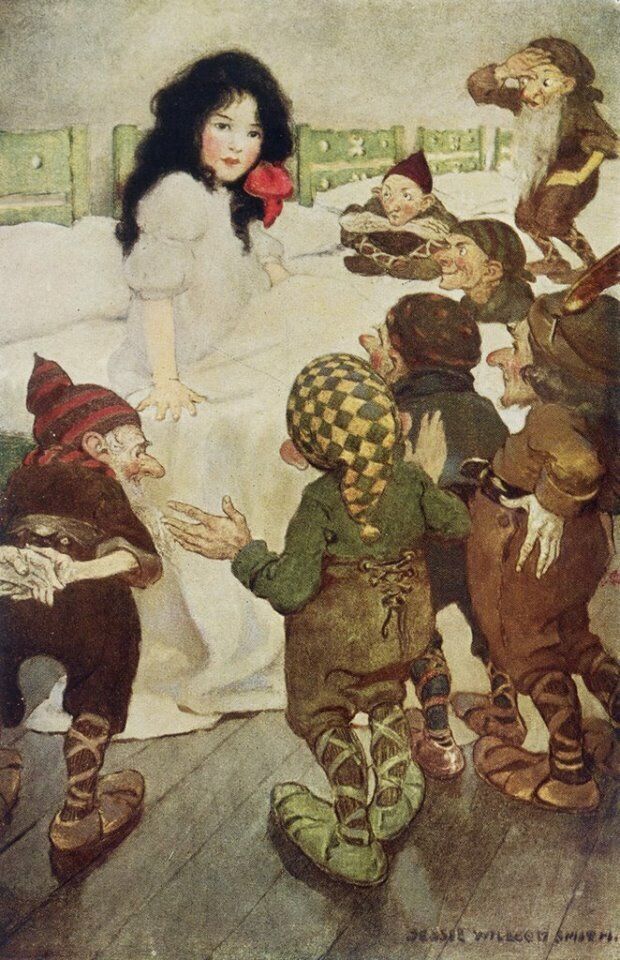 Fairy Tale Postcard: Vintage repro - Lovely Snow White + Seven Dwarves, 1920's
