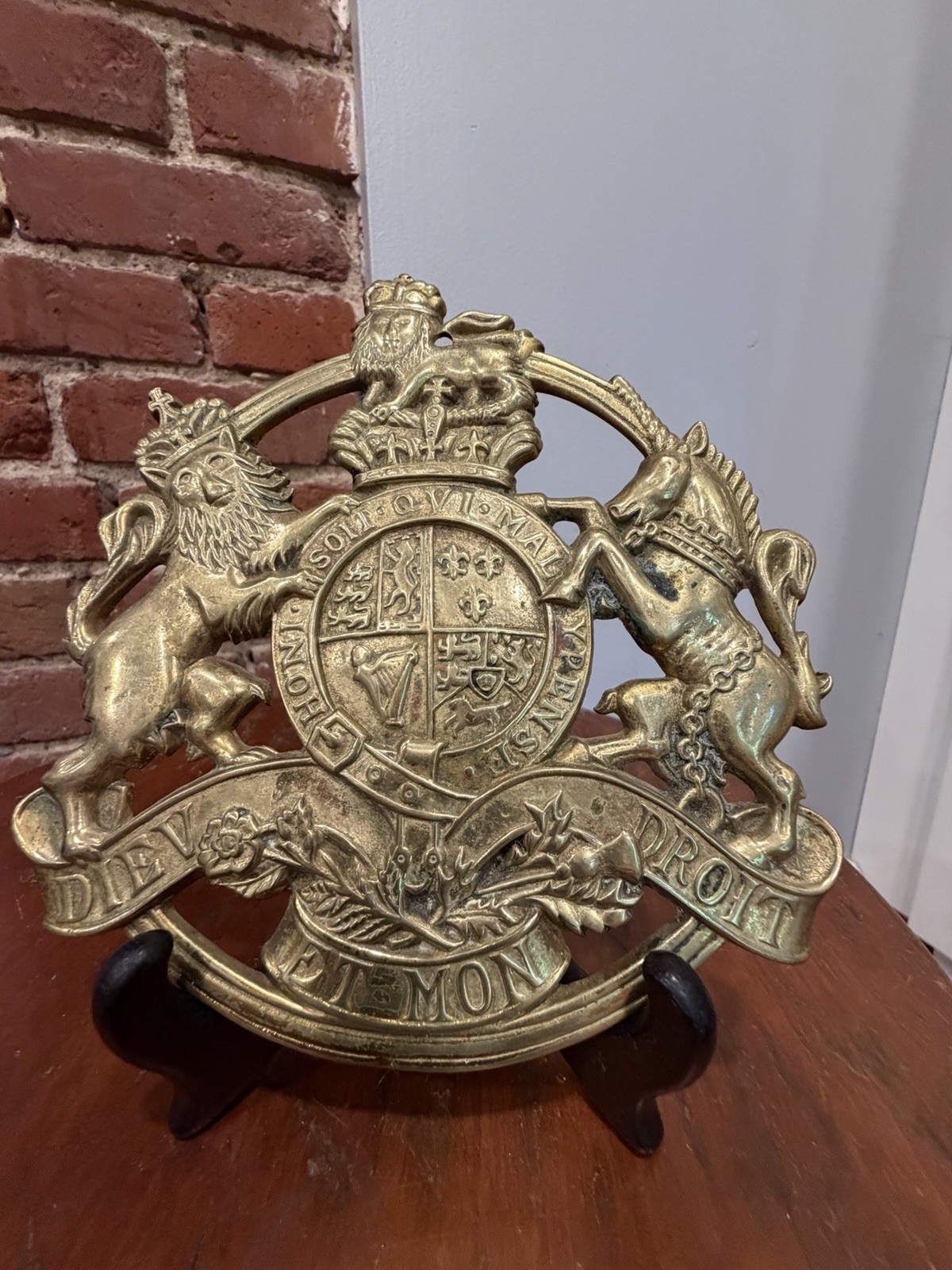 Vintage Royal Arms of Great Britain Brass Trivet Lion Unicorn Coat of Arms Crest
