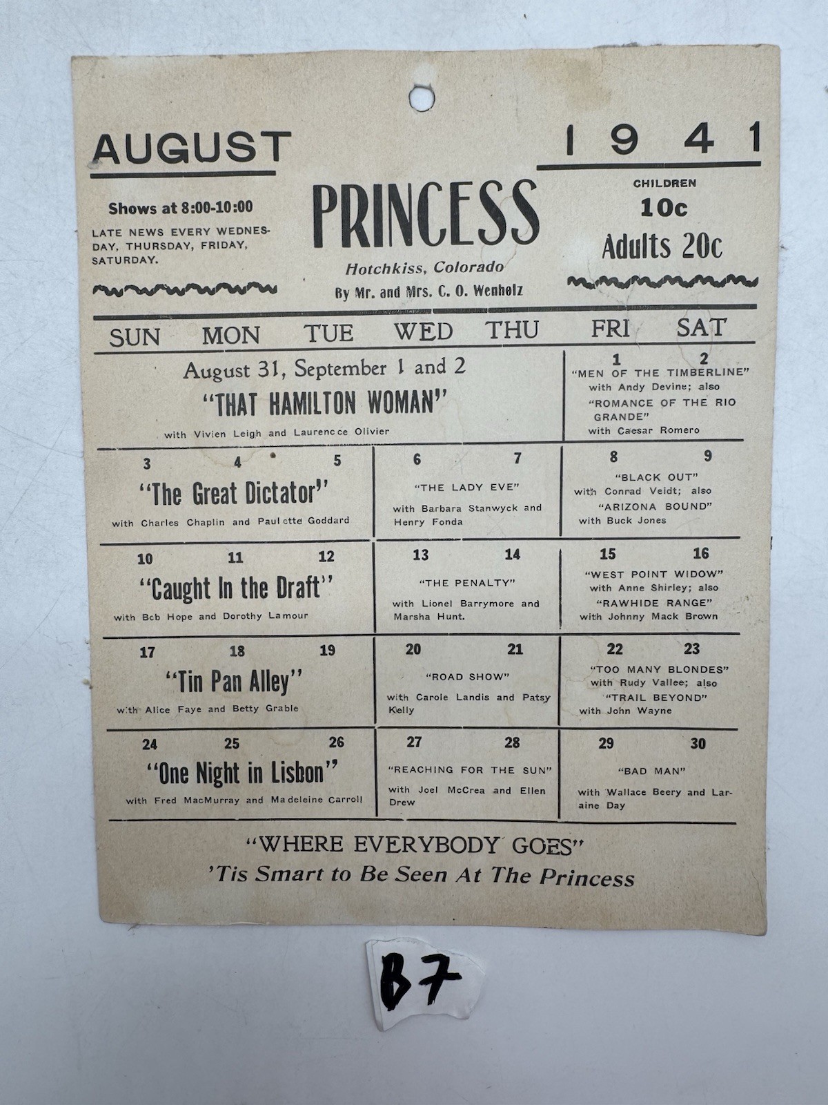 August 1941 Princess Theatre Hotchkiss Colorado Movie Calendar Poster August 1941 Princess Theatre Hotchkiss Colorado Movie Calendar Poster