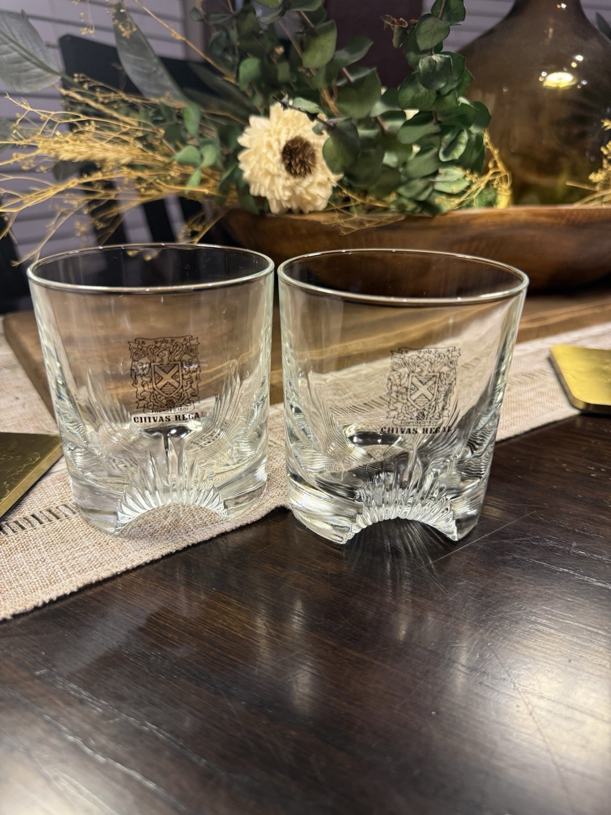 2 Chivas Regal Emblem Scotch Whisky Rocks Glasses w/Gold Logo & Cut Away Base 2 Chivas Regal Emblem Scotch Whisky Rocks Glasses w/Gold Logo & Cut Away Base