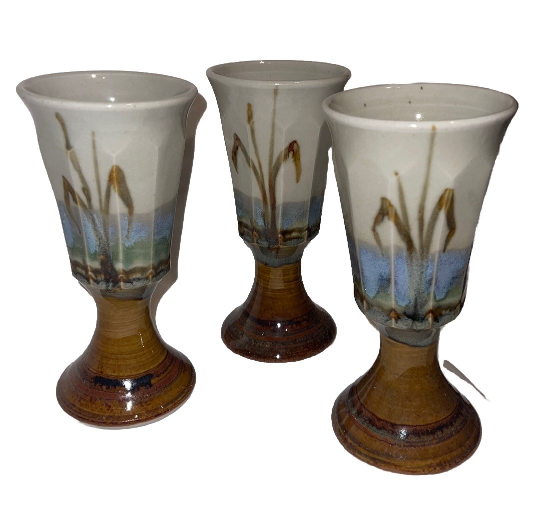 Vintage Studio Stoneware Pottery 3 Challis Stemmed Goblets CatTails ￼signed Hope
