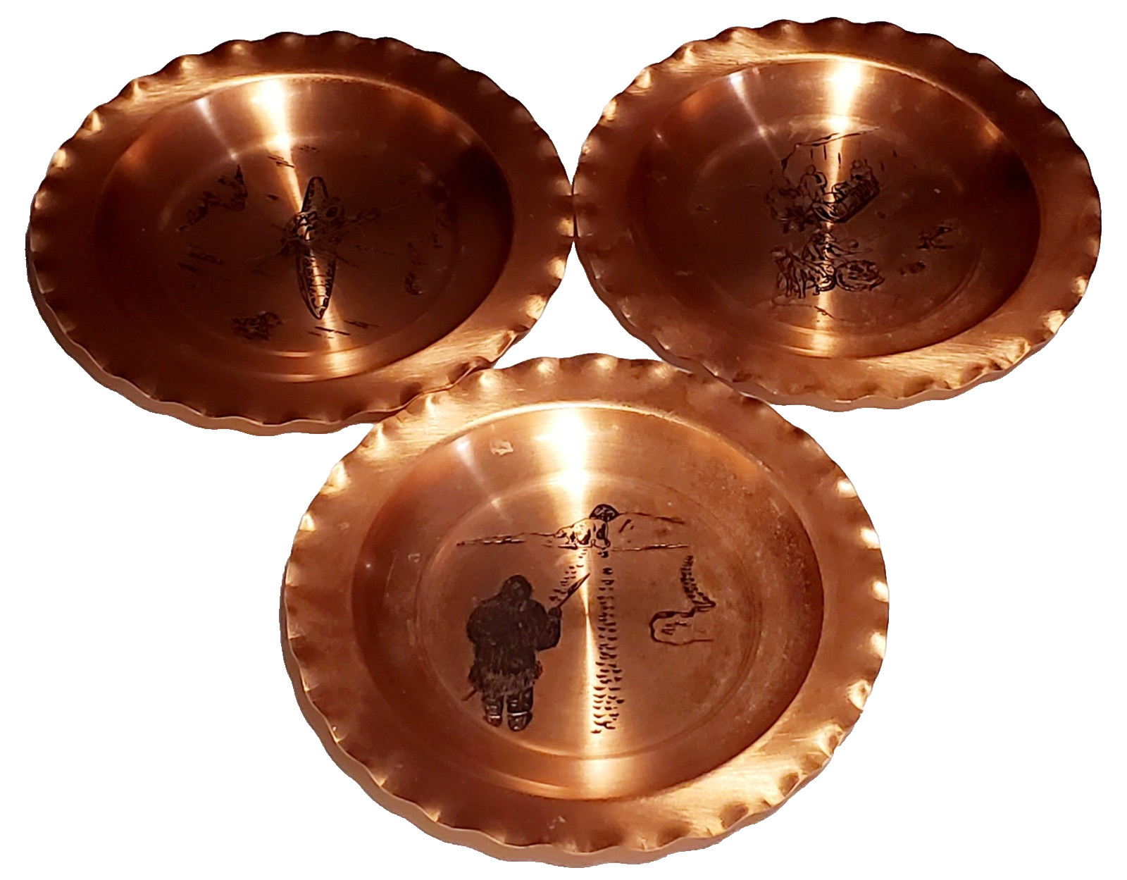 3 Solid Copper Ruffled Dishes Eskimos Boat Dogs Mountains Copperware Canada Vtg