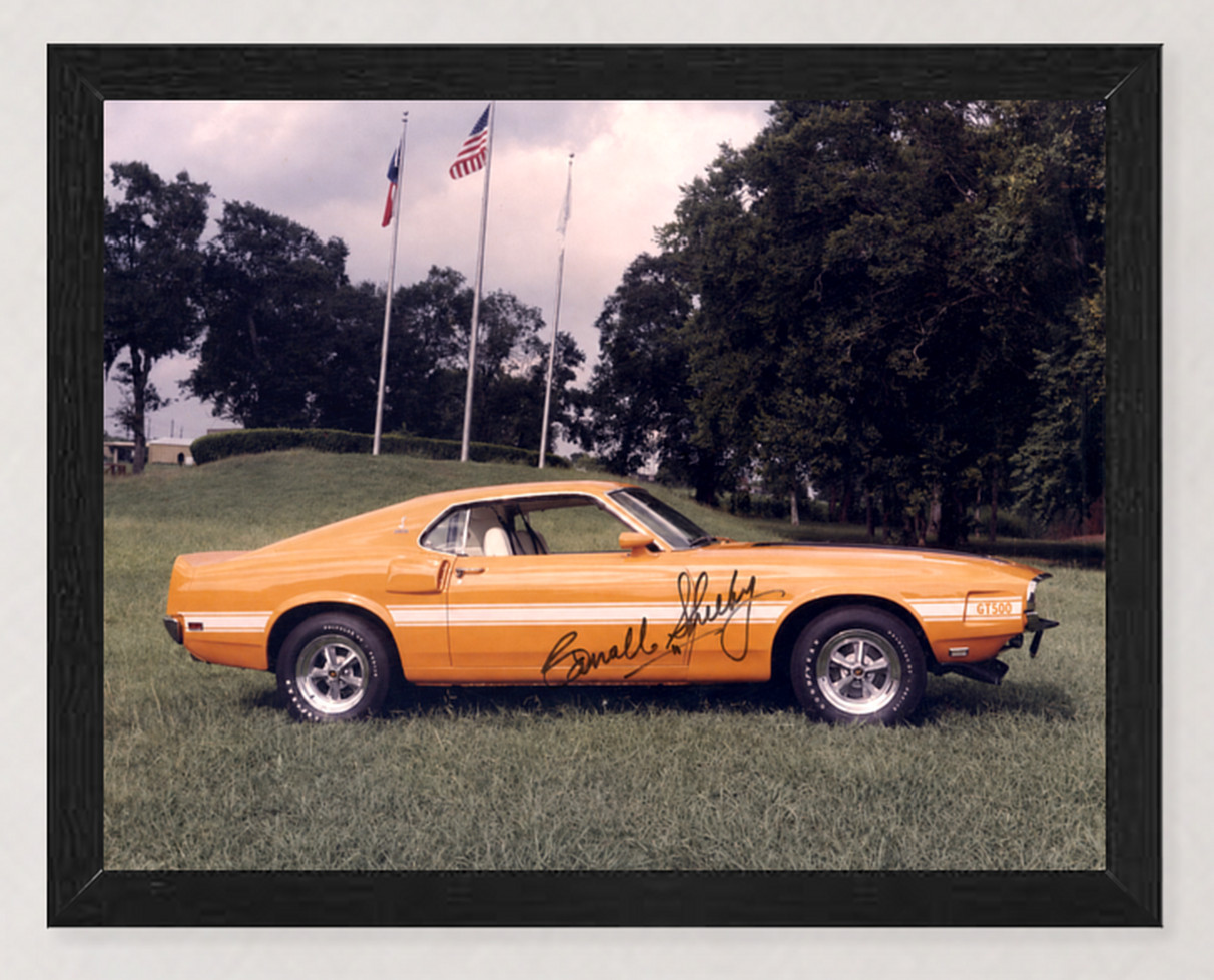 12X9.5 FRAMED 1969 FORD SHELBY MUSTANG GT500 GRABBER ORANGE SHELBY SIGNED REPRO