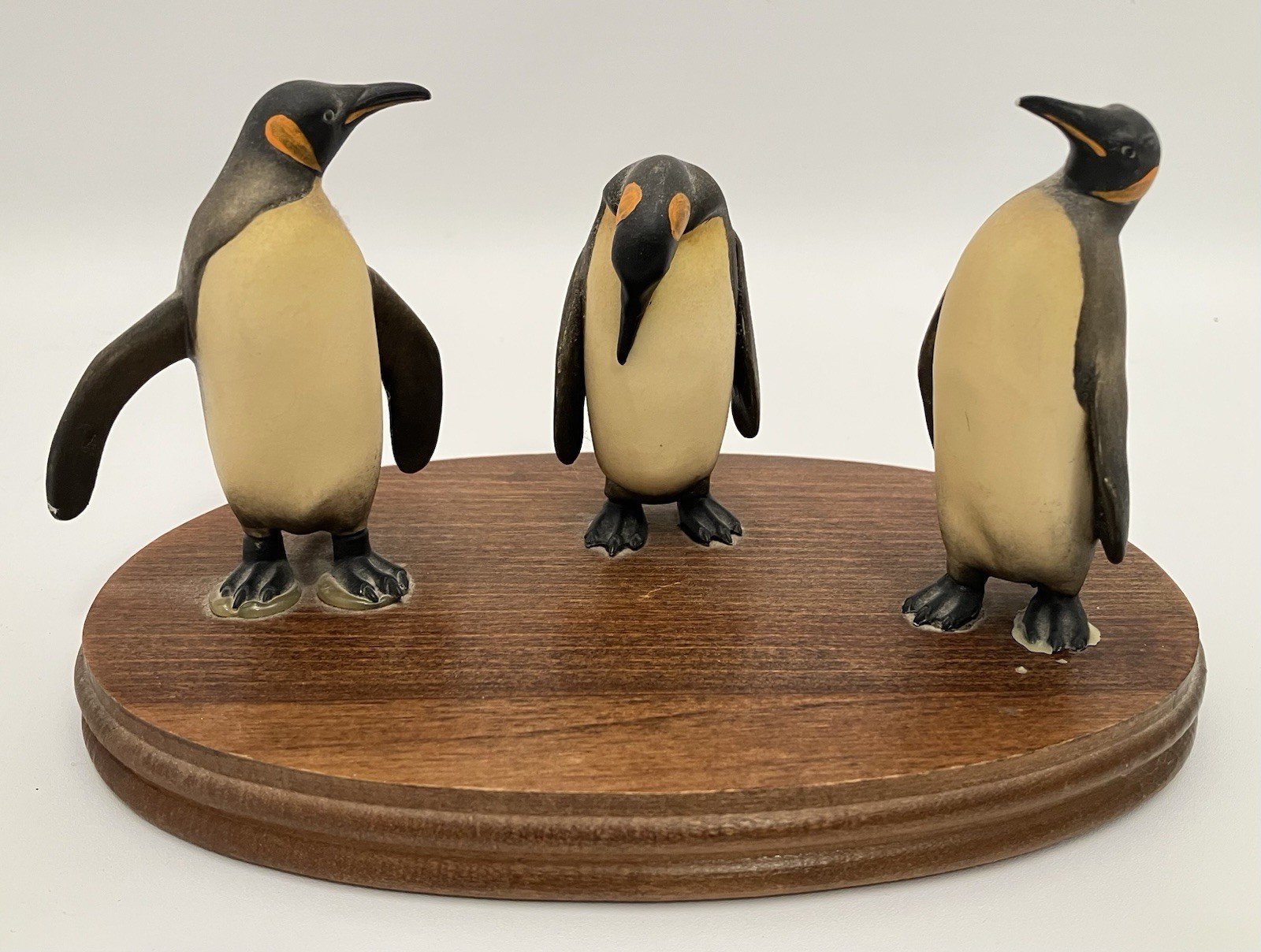 Vintage Attributed ANRI Toriart Emperor Penguin Trio Sculpture on Wood Base