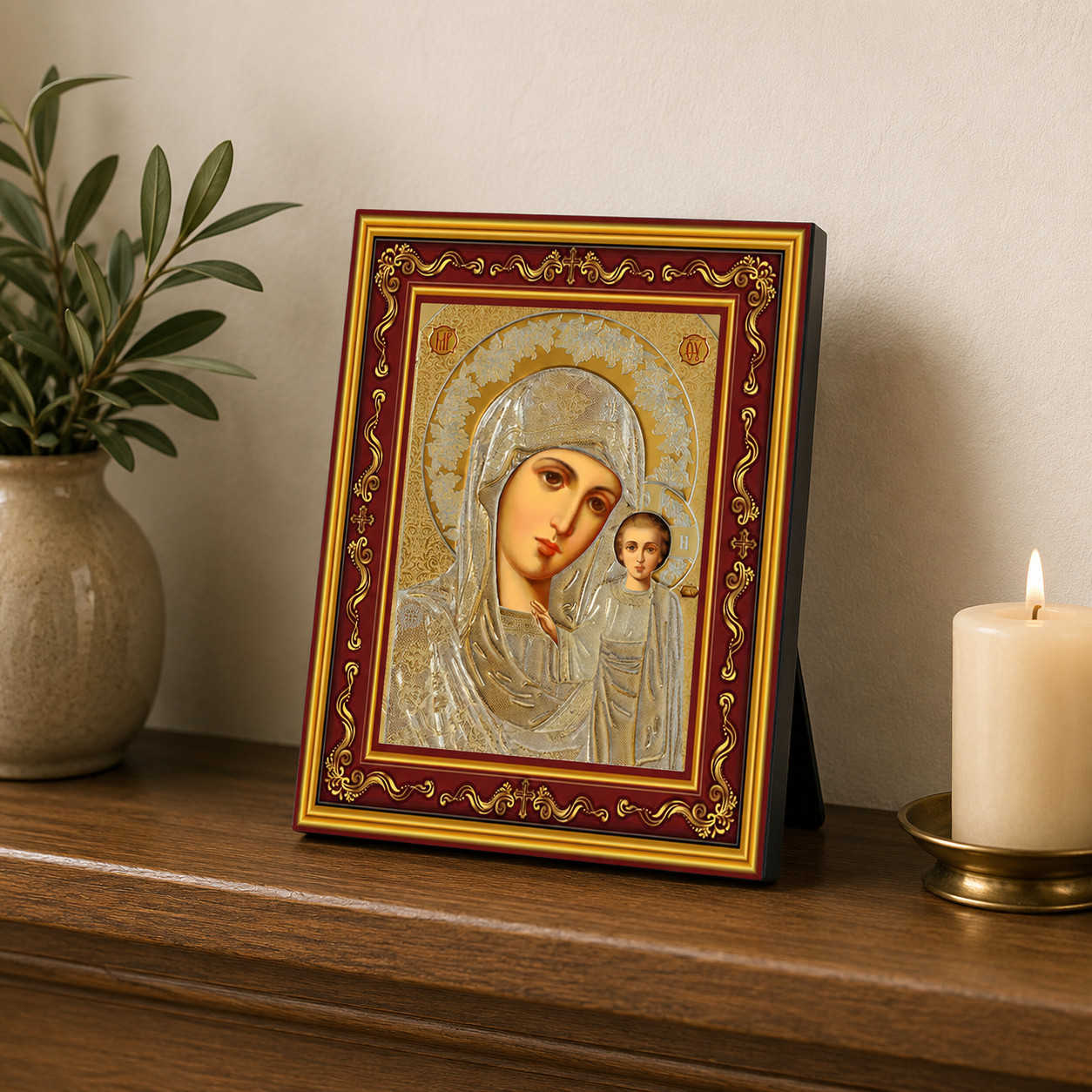 Orthodox Virgin of Kazan Byzantine Burgundy Wooden Framed Icon for Home Decor