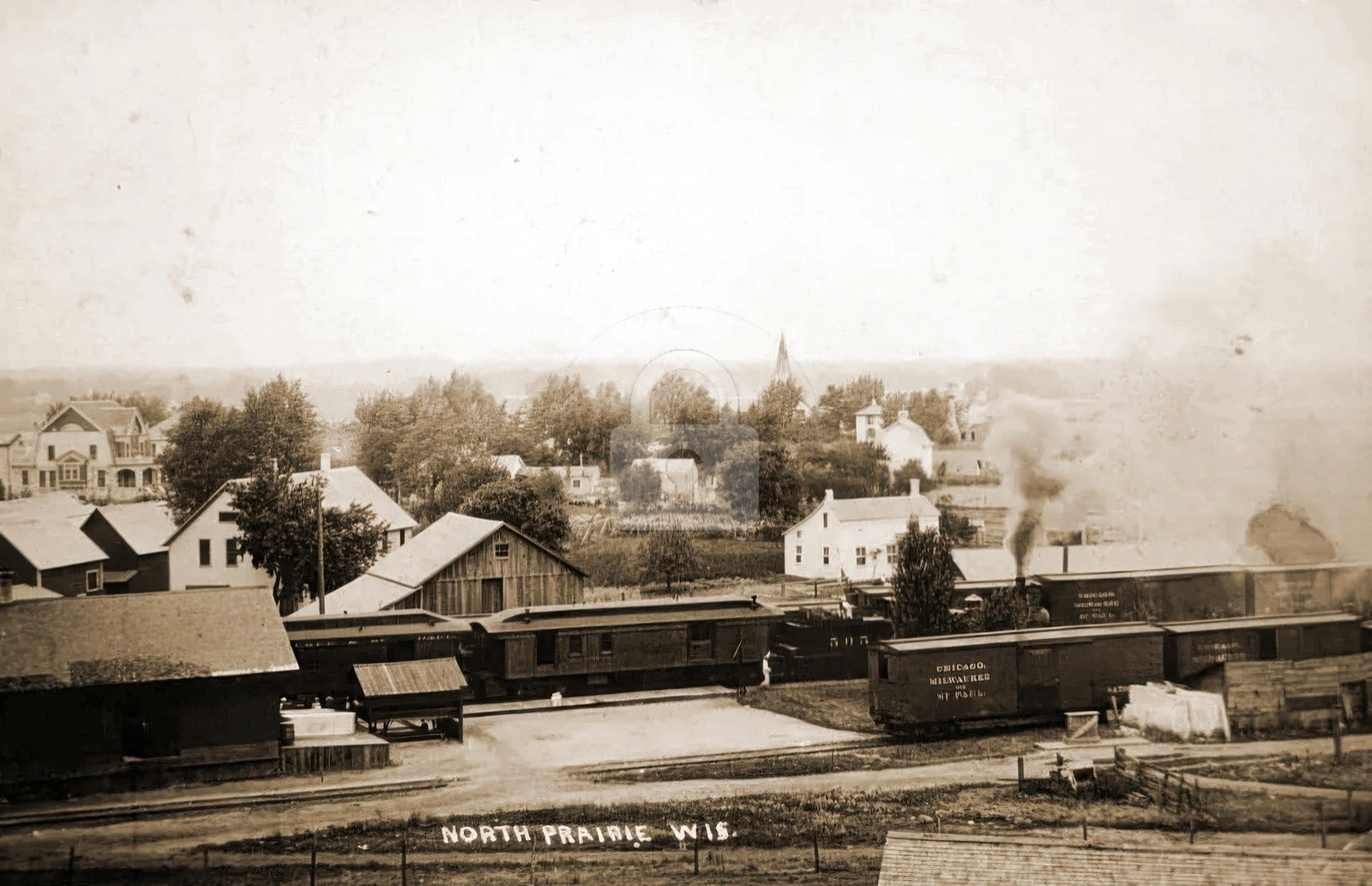 North Prairie WI Wisconsin Train Station, Town View RPPC Photo Postcard COPY