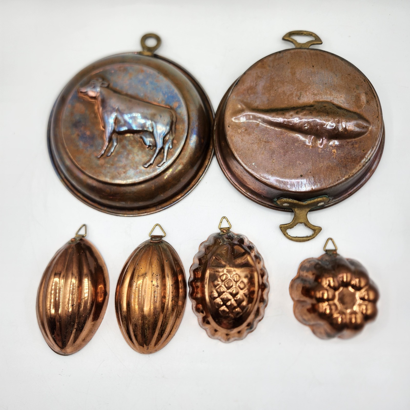 6 Vtg Copper-Tone Metal Hanging Molds Dish Wall Plate Embossed Cow Fish Pinapple