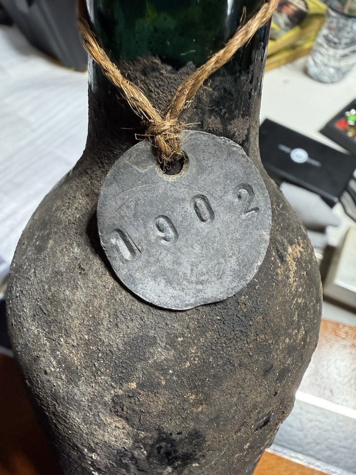 Antique 1902 Glass Wine Bottle Logroño Rioja Spain • Dated Lead Cellar Tag