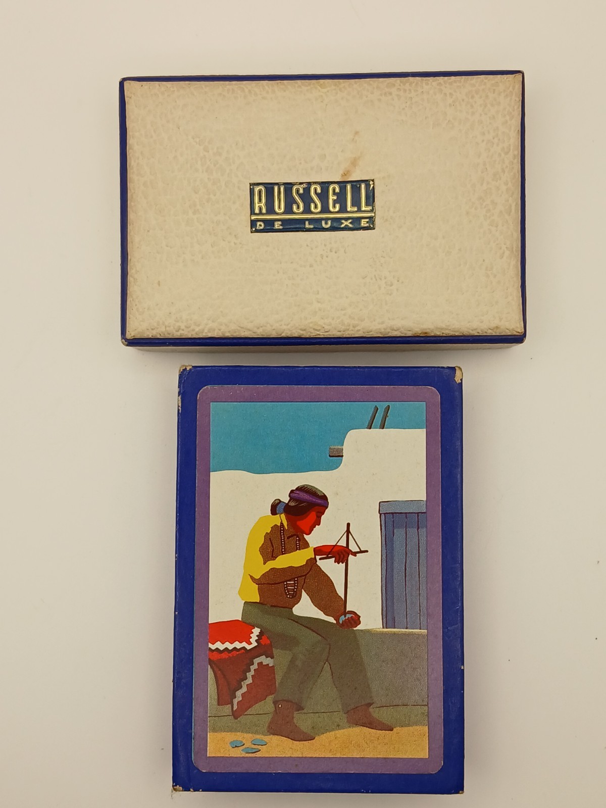 vintage Russell De Luxe playing cards with box, instructions, offer card vintage Russell De Luxe playing cards with box, instructions, offer card