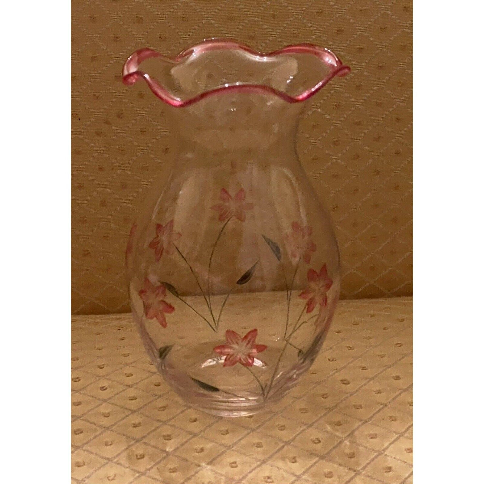 Lenox Glass Vase Floral Spirit Etched Hand Painted Ruffle Bud Pink Purple Flower