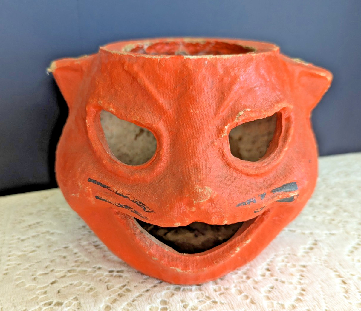 Antique Paper Mache Halloween Cat Face Jack-O-lantern Pumpkin Antique Paper Mache Halloween Cat Face Jack-O-lantern Pumpkin