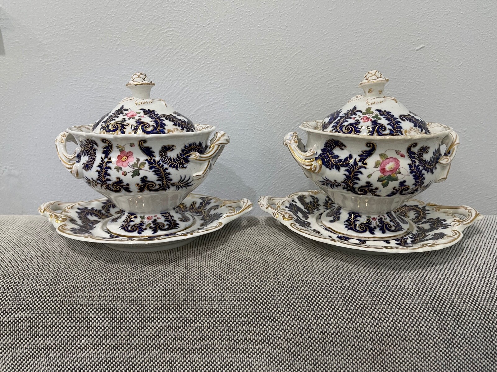 Antique 1816-40 Pair Sauce Tureen Chamberlains Worcester Cobalt Eagle Head Antique 1816-40 Pair Sauce Tureen Chamberlains Worcester Cobalt Eagle Head