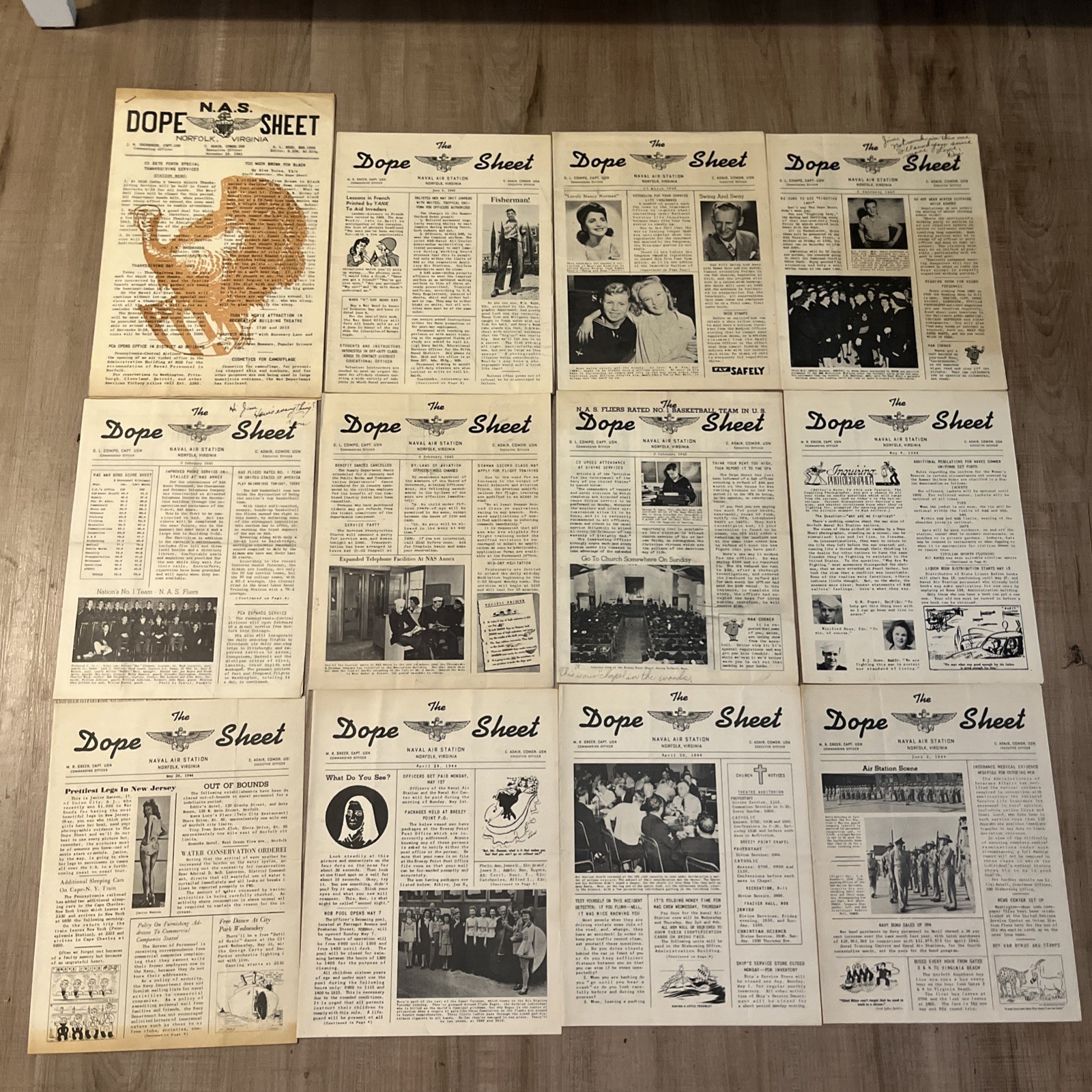 WWII US Navy Dope Sheet Newspaper NAS Norfolk VA Lot Of 12 Pin Up