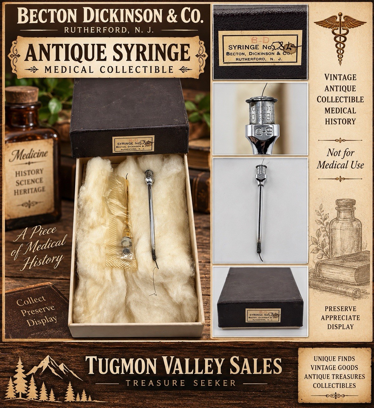 Antique Becton Dickinson BD Syringe No. 5815 Original Box Medical Collectible