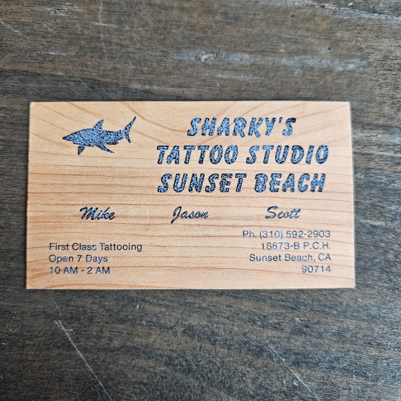 Vintage 1990's Sharky's Tattoo Studio Sunset Beach, Textured Business Card
