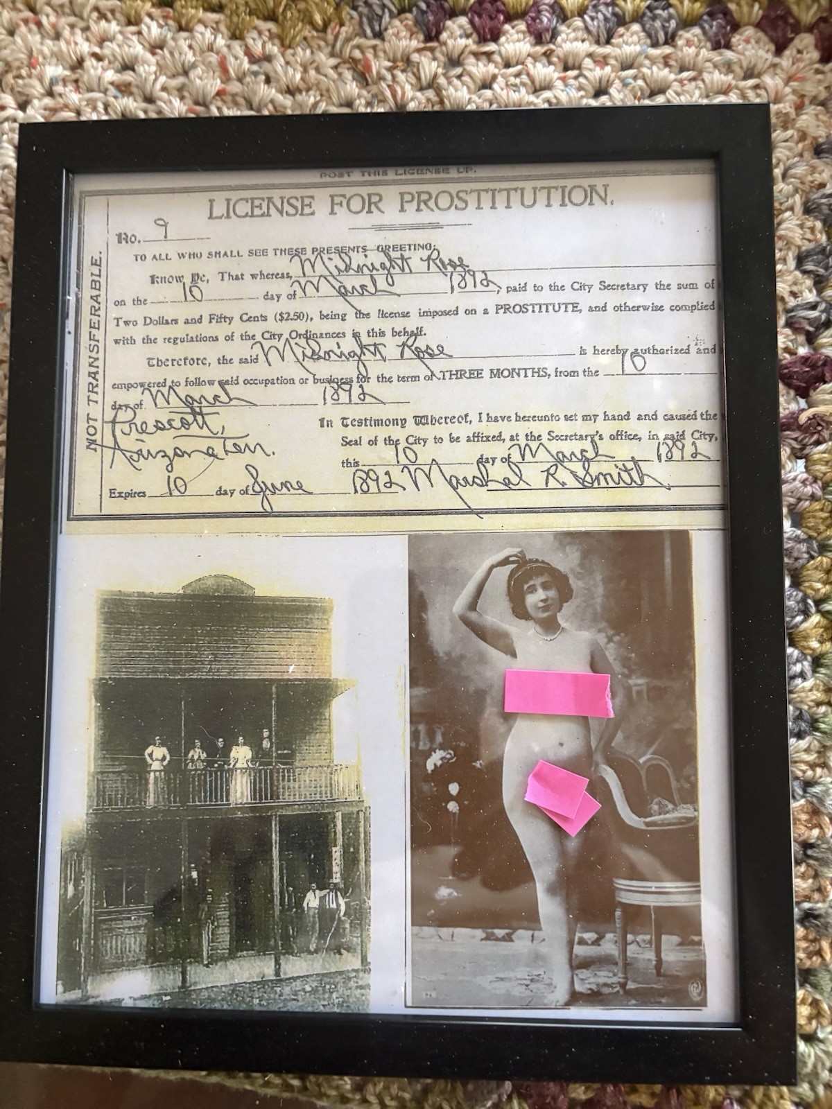 Prescott Arizona. Brothel License Prostitution Framed Vintage 1892 w/Photo 9 Prescott Arizona. Brothel License Prostitution Framed Vintage 1892 w/Photo 9