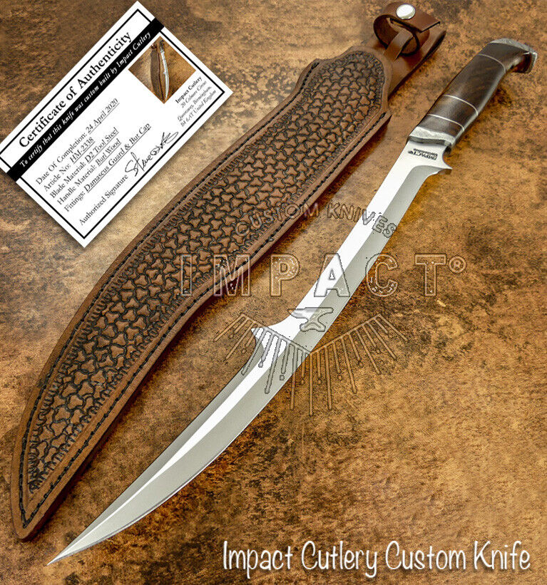 IMPACT CUTLERY RARE CUSTOM D2 MASSIVE SWORD BOWIE KNIFE BURL WOOD DAMASCUS GUARD