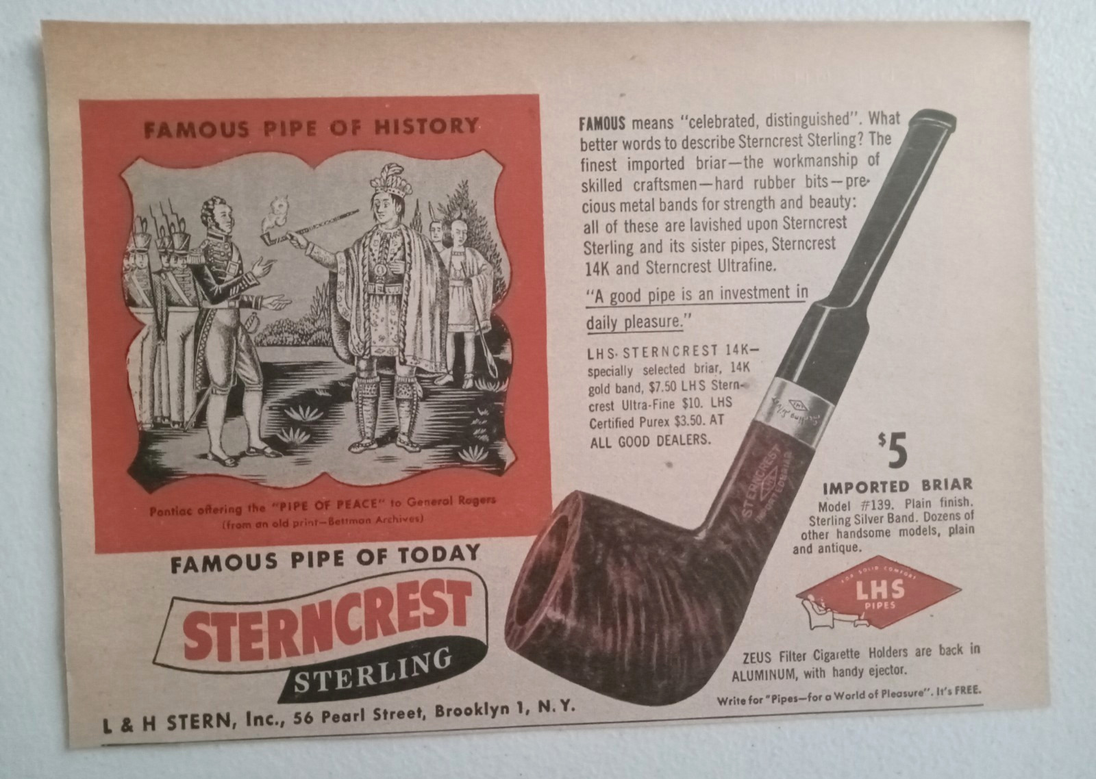 1946 LHS Pipes Print Ad Sterncrest Sterling Pipe #139 Pontiac\'s \ 1946 LHS Pipes Print Ad Sterncrest Sterling Pipe #139 Pontiac\'s \