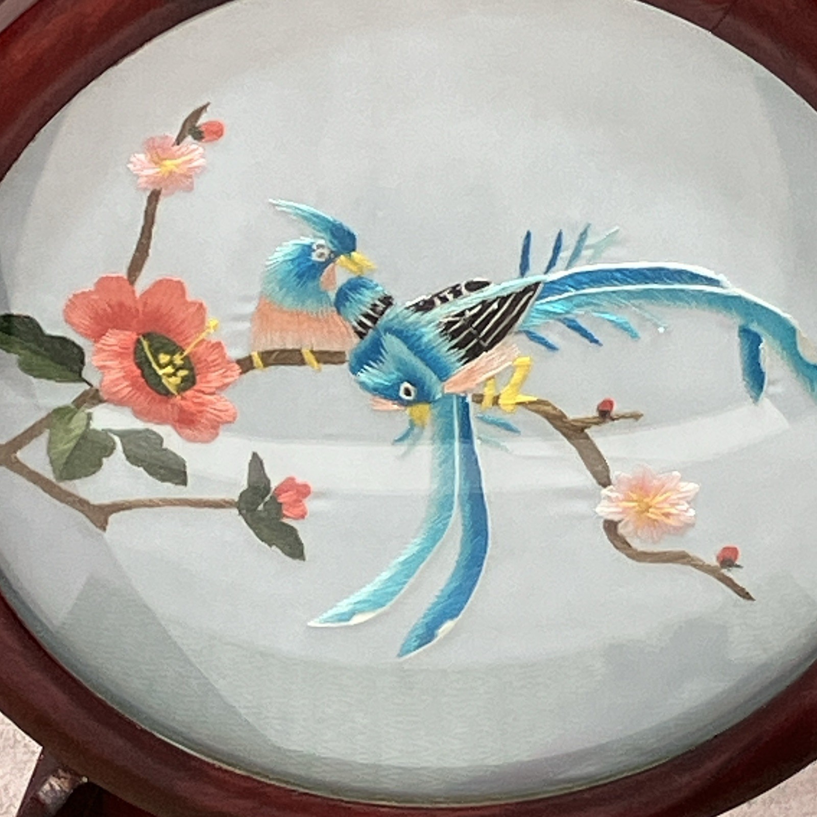 Vtg Chinese Suzhou Double Sided Silk Embroidery Screen Wooden Base Birds Floral