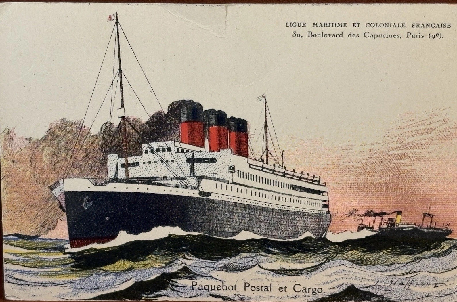 Original c. 1920s S.S. Paris Léon Haffner French Maritime Art Postcard