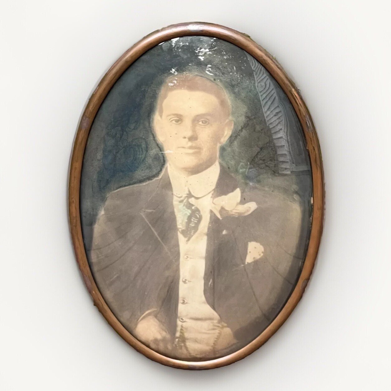 Antique Male Art Portrait Victorian Oval Metal Frame Convex Bubble Glass|20”x14”