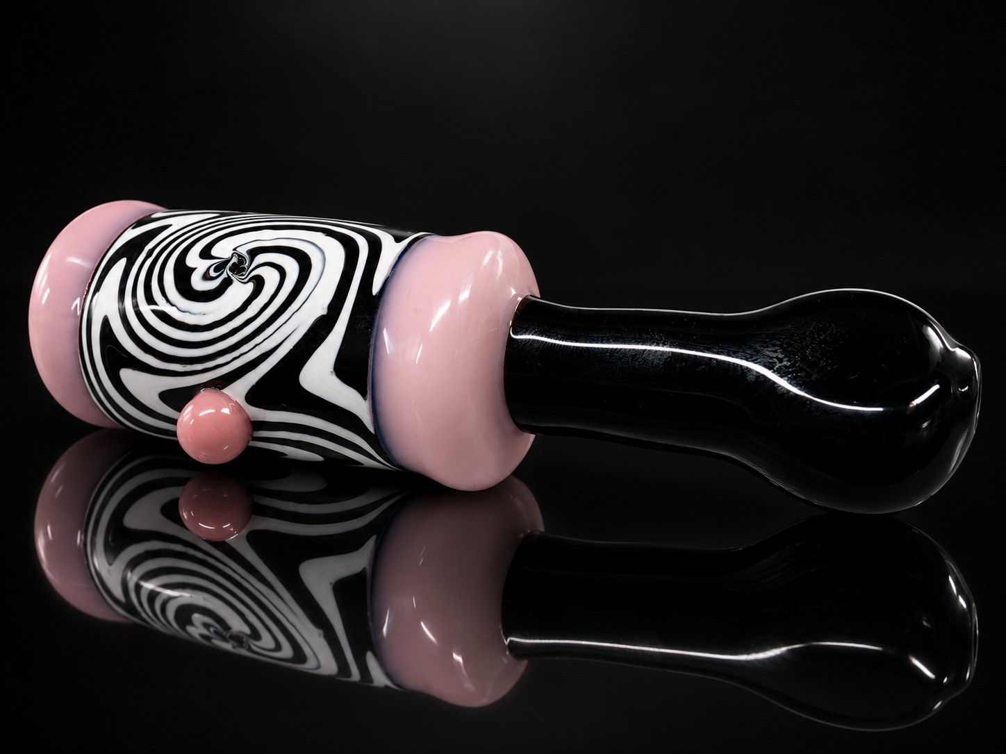 Glass Tobacco Chillum Black White Swirl Blush Pink Accents Thick Glass