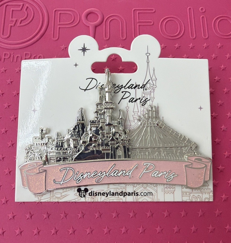 DISNEYLAND PARIS Castle Pin Silver Metal Pink Glitter Banner