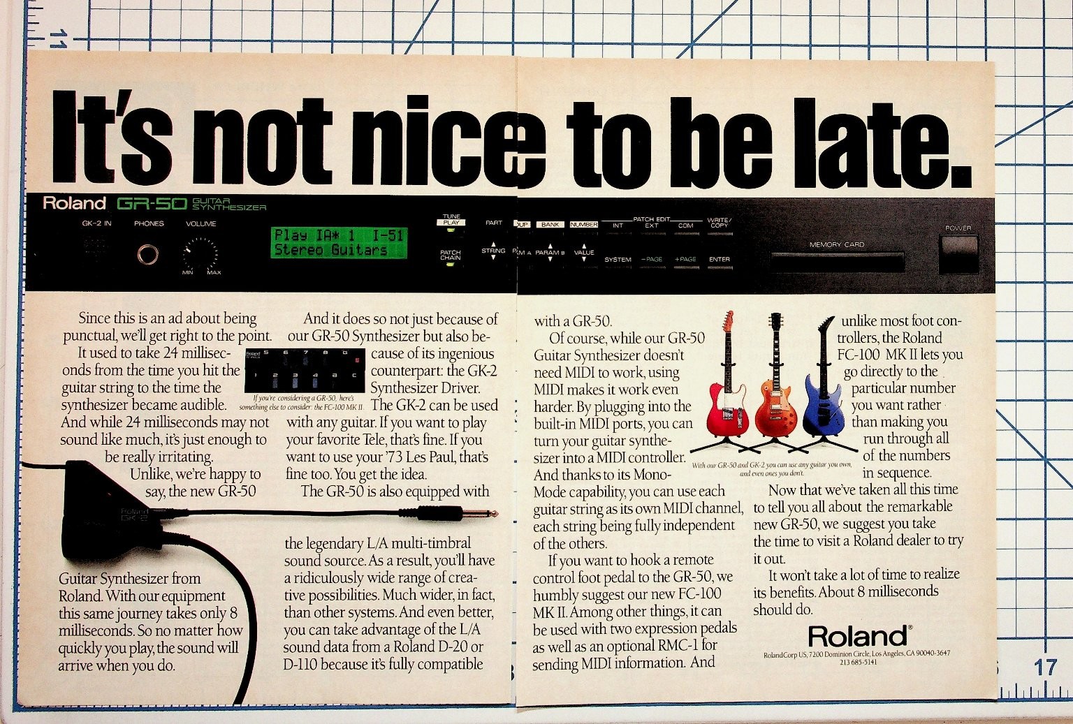Roland GR-50 Guitar Synthesizer Vintage 1980s Print Ad Ephemera Music Gear