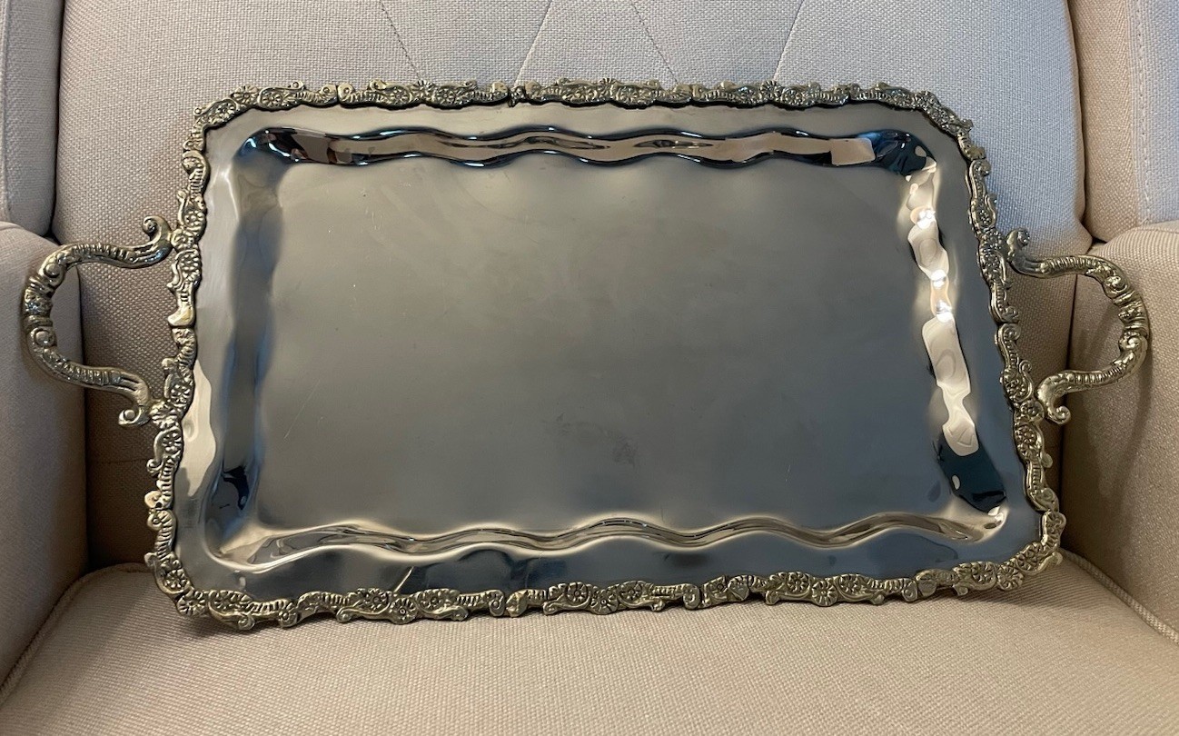 Vintage Ornate Silver Tone Serving Tray Floral Scroll Handles Hollywood Regency Vintage Ornate Silver Tone Serving Tray Floral Scroll Handles Hollywood Regency