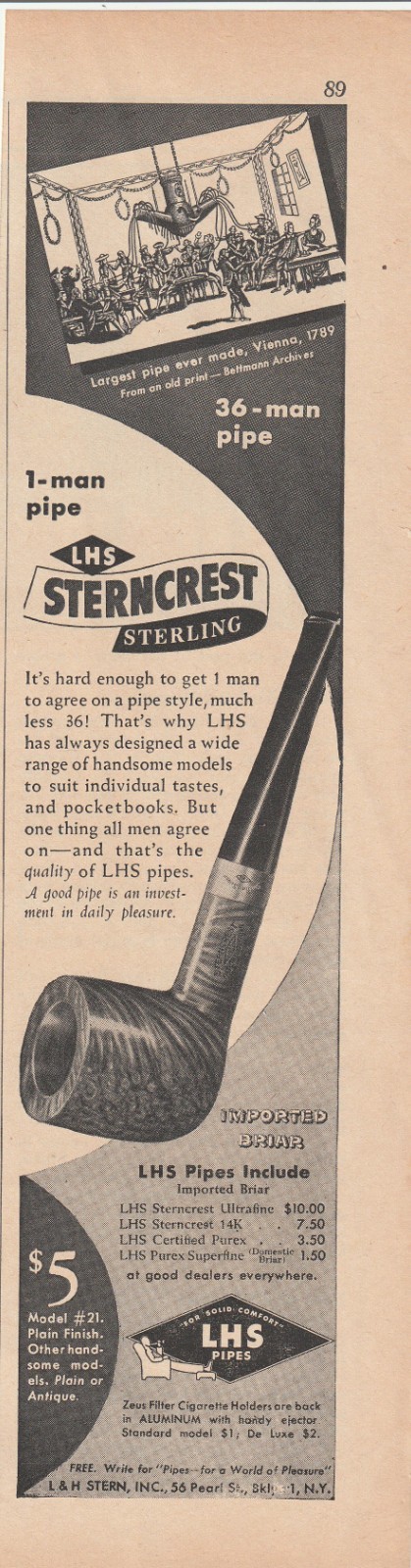 1946 LHS Sterncrest Sterling Pipe World Vintage Print Ad 497 1946 LHS Sterncrest Sterling Pipe World Vintage Print Ad 497