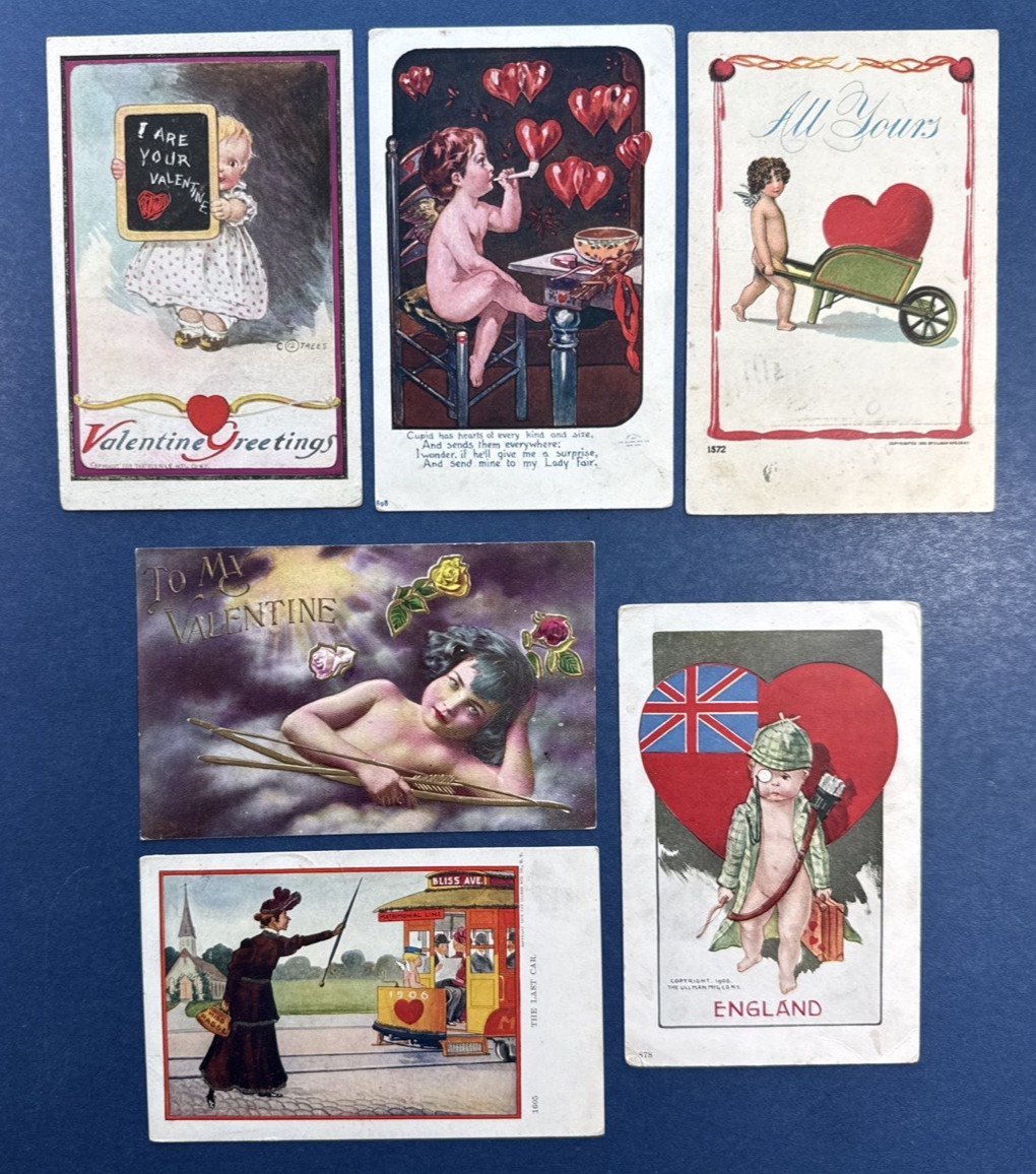 6 Valentine's Antique Postcards. Children, Angels. Hearts PUBL:Ullman