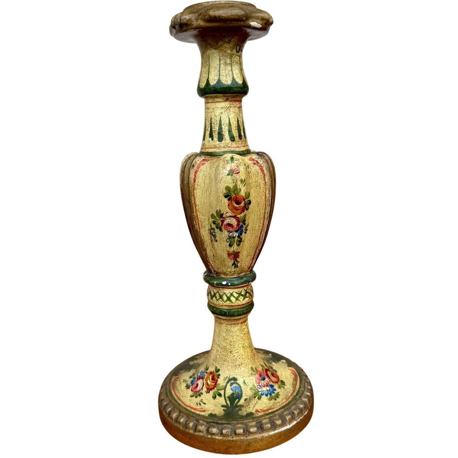 Vintage Italian Florentine hand-painted floral wood candlestick mid-late 20th Vintage Italian Florentine hand-painted floral wood candlestick mid-late 20th