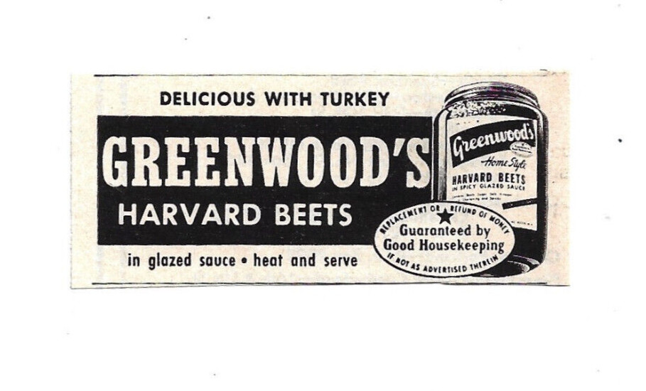 Greenwoods Harvard Beets Print Ad Vintage Advertisement Food Advertising 1955 Greenwoods Harvard Beets Print Ad Vintage Advertisement Food Advertising 1955