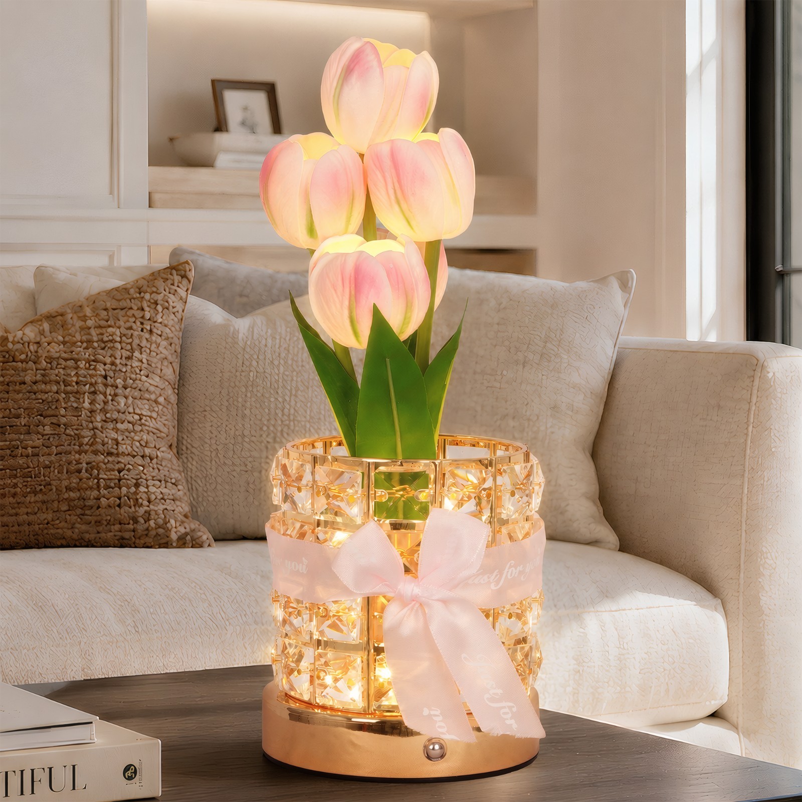 Crystal Basin Pink Tulip Table Lamp,5''living Room Bedroom Home Decoration Light