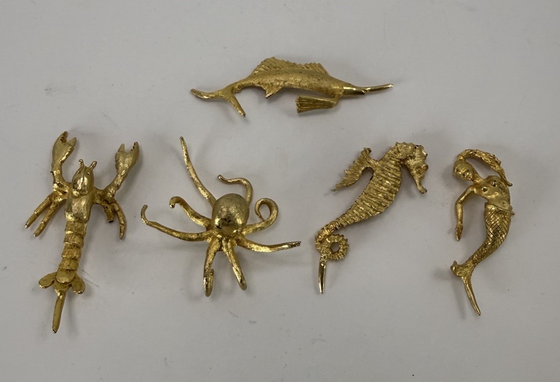 Vtg Tancraft Janis Collection 24K Gold Plated Cocktail Picks Sea Life Set Italy
