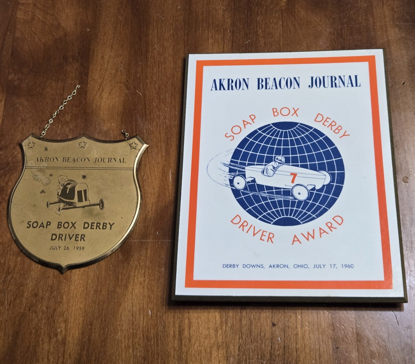 Vtg Akron Beacon Journal Soap Box Derby Driver Awards Plaque Badge 1959 1960