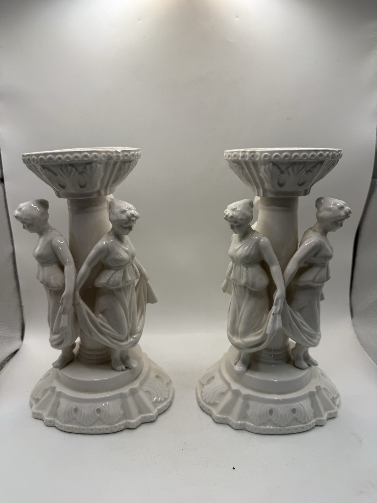Vintage Pair White Porcelain Figural Candlesticks Classical Ladies 9 Vintage Pair White Porcelain Figural Candlesticks Classical Ladies 9
