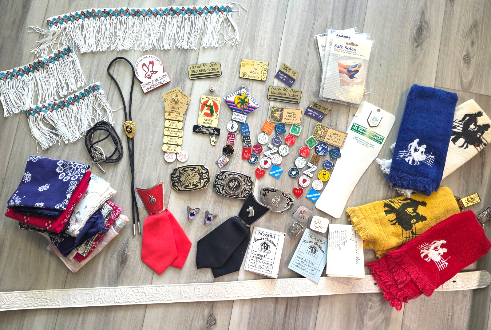 Awesome Collection of Square Dance Badges, Pins, Buckles, Bolos, Towels.. 1970s