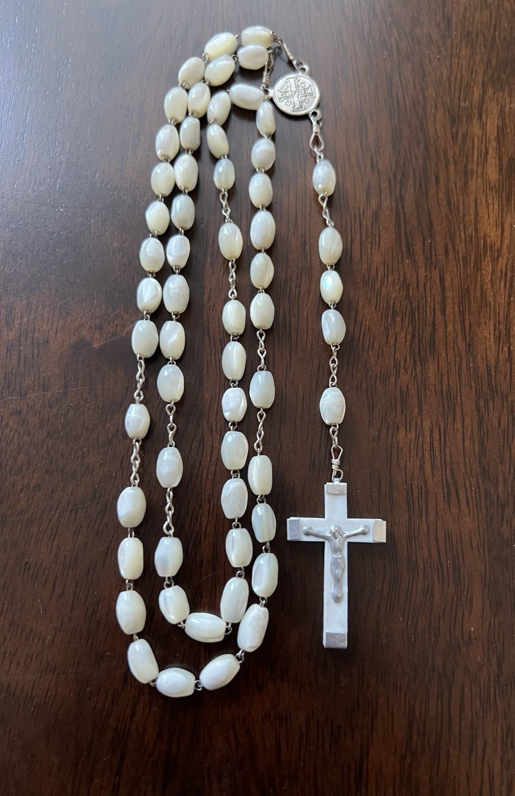 Vintage 21” Mother Of Pearl ROSARY a Relic of Holy Soil (TERRA SANTA) JERUSALEM