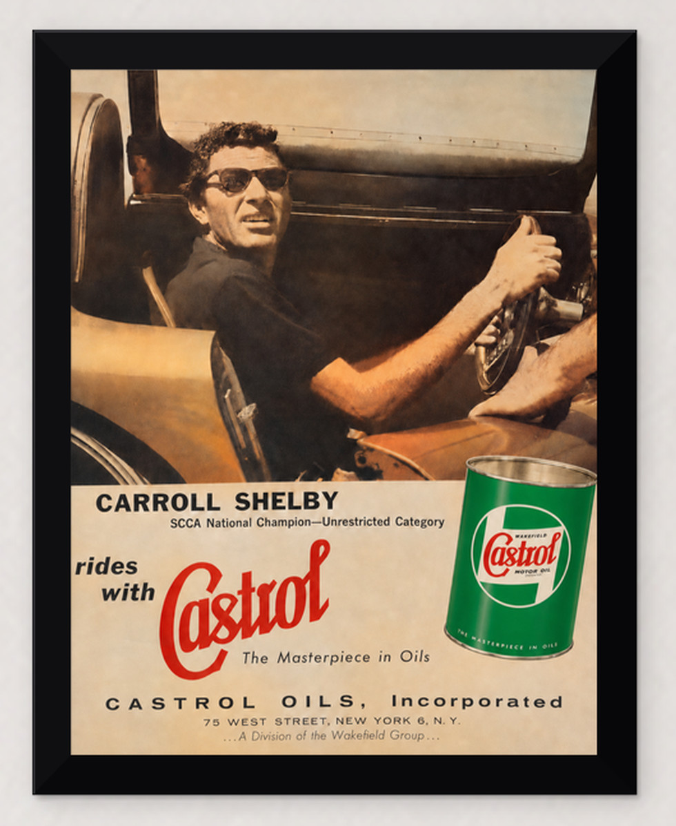 CARROLL SHELBY CASTROL OILS VINTAGE AD 8.5X11 FRAMED REPRODUCTION PRINT
