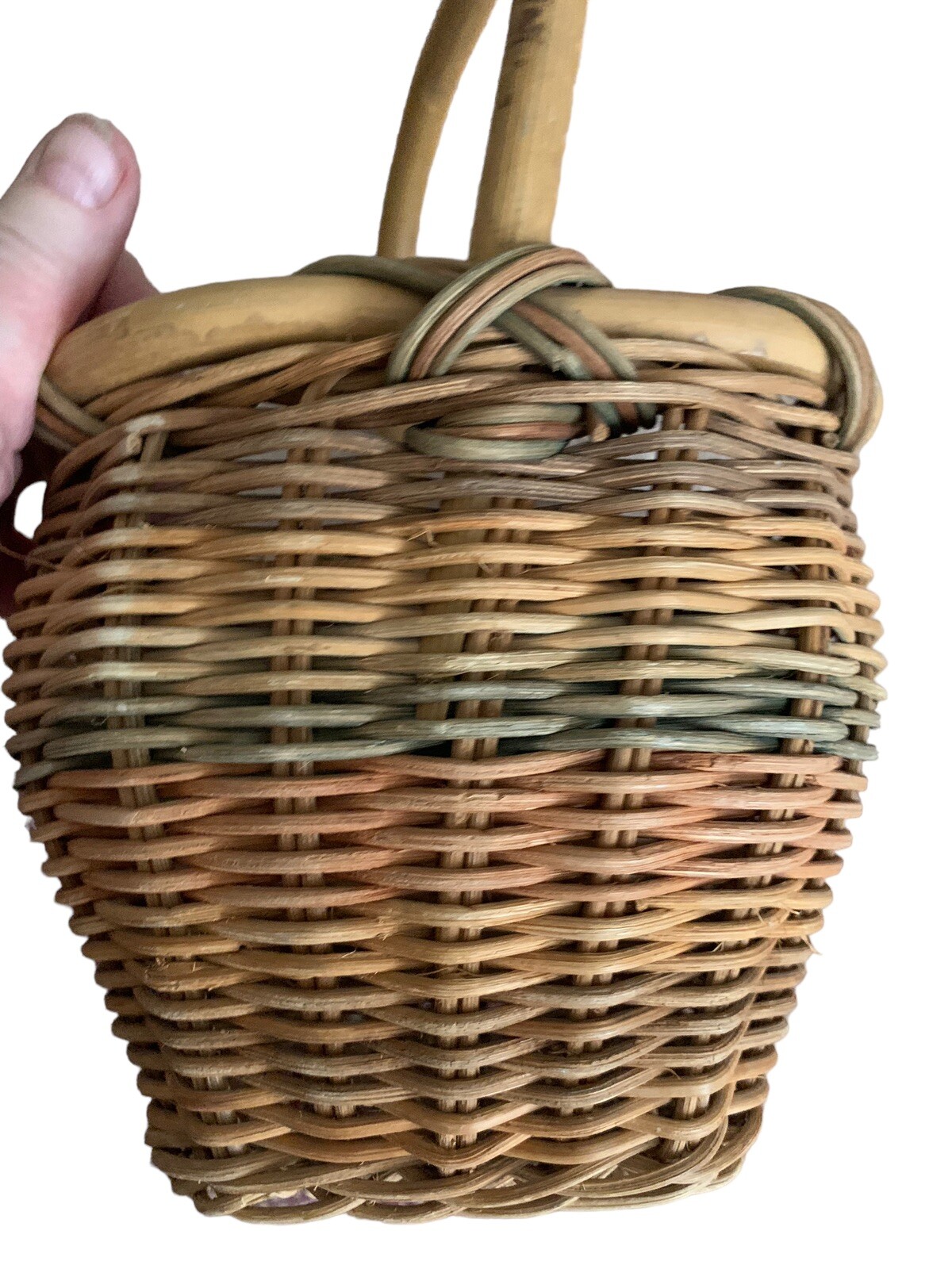 Small Hand Woven Wicker Basket w Reed Handle 6 x 10 Muted Pink Green Brown NICE