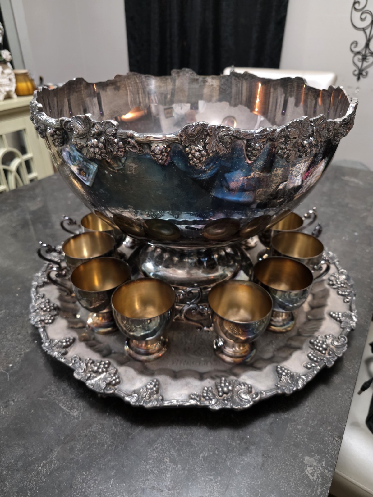Vintage Baroque Silver Plated Ornate Punch Bowl Set 14 Pc Moody Gothic Decor