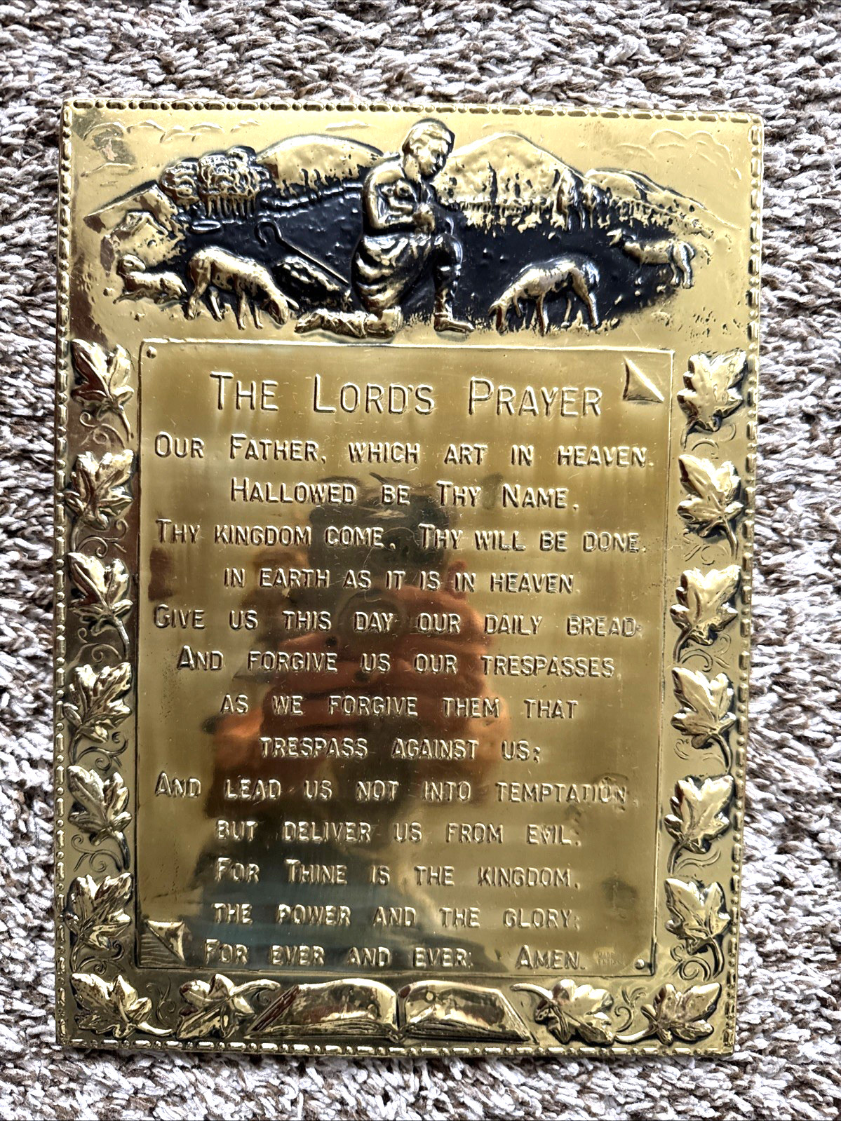 The Lords Prayer Wall Plaque Brass Vintage Raised Letters Embossed Catholic 8x11